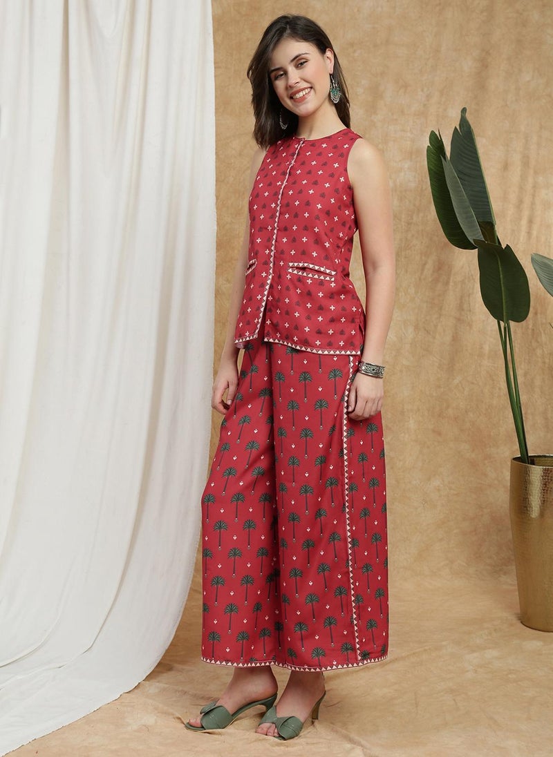 Globus Women Maroon Round Neck Mandarin Collar Ethnic Print Flared Tunic & Palazzos Fusion Co-Ord Set - Image 3